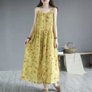 Summer Long Dress for Women Sleeveless Printed Artistic Beach Style with Drawstring Waist Loose Fit Pullover Skirt