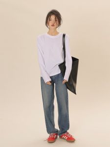 Áo Thun Nữ Cổ Tròn Dài Tay Màu Trắng Cơ Bản Đa Năng Mùa Thu Cotton Polyester Lót Cotton Mùa Đông Thường Ngày