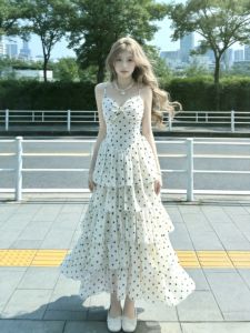 CHANGTONG | Elegant French Style Polka Dot Neck-attached Ruffled Dress