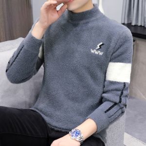 ROMON | Lormen Mens Thickened Woolen Sweater Half High Collar Knitted Mink Velvet Winter Fashion Warm Inner Wear Casual Loose Fit