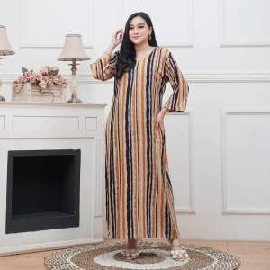 Dress Rayon Premium Kekinian Dress Semata Kaki Motif Salur Dress Lengan 3/4 Daster Panjang Semata Kaki Non Ruffle Resleting Depan Busui Adem Termurah