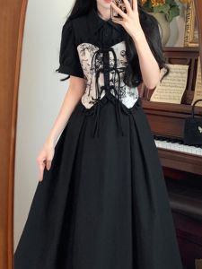 plus Size Womens New Chinese Style Fake Two-Piece Buttoned Mini Dress Summer Slimming Black Long Skirt Short Sleeve POLO Collar