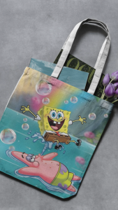 SPONGEBOB Inspired Canvas Tote Bag Premium Eco-Friendly Reusable Shoulder Bag Cute Cartoon Character Print Large Capacity Shopping Bag Casual Everyday Tote for Women Men Students Travel School Work Gift Bag Fashion Tote