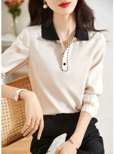 เสื้อยืดคอกลมแขนยาวทรงหลวมสไตล์เกาหลีสำหรับผู้หญิงในช่วงฤดูใบไม้ผลิปี 2024 เสื้อผ้าทำงานสไตล์เรโทรสีบล็อก