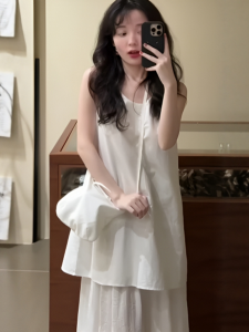 VKSOD | White Vest Dress Womens Sleeveless Splice Summer Holiday Style High Waist A-Line Gown Round Neck Long Dress Korean Version