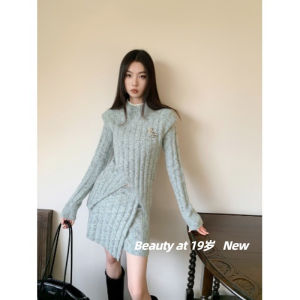 Elegant Knitted Sweater Set Womens Autumn Winter Fashion Shoulder Design Asymmetrical Street Style Long Sleeve Slim Fit Top