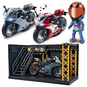 MY66 1:12 Scale Diecast Alloy Motorcycle Model with Helmet Rider Maintenance Station Light and Sound