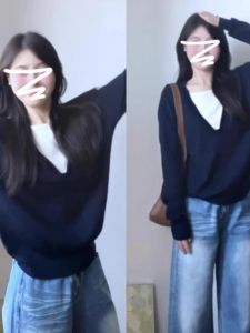 HUOLISI | Women Blue Two-Piece Illusion Knitted Sweater