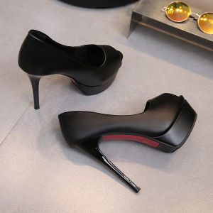 2023 ฤดูใบไม้ผลิแฟชั่นรองเท้าส้นสูงกันน้ําส้นสีดําปากปลาไนท์คลับ Off Dull Glamour รองเท้าผู้หญิง
