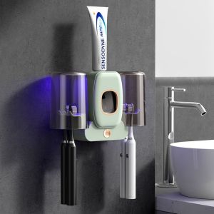 Bathroom Toothbrush Holder Toothpaste Squeezer Wall Mounted Double Person Rinse Cup Holder No Drilling Tooth Cup Holder