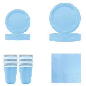 Solid Light Blue Theme Disposable Tableware boy Girls Birthday Decorations 8 people  Napkins Cups Plates Tablecloths baby shower