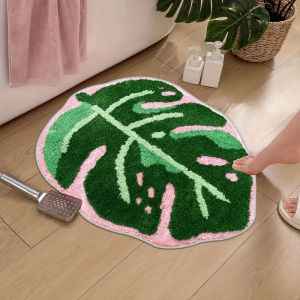 VIKAMA Pink Tropical Leaf Plush Carpet Irregular Shape Bedroom Bathroom Floor Mat Soft And Non-Slip Foot Mat Home Decoration