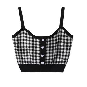🦋 VEVE Korean Style Women Summer Plaid Tank Casual Sleeveless Knitted Crop Top