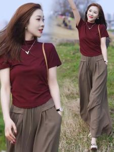 Slim Fit Short Sleeve T-Shirt Womens Spring Summer Thin Red Top Fashionable Casual Korean Style Commute Pure Color Half High Collar