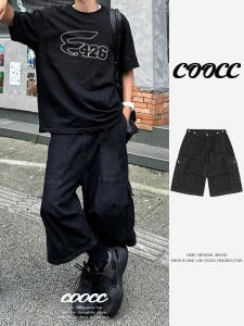 American Style Multi-Pocket Seven-Foot Denim Shorts Mens High Street Straight Loose Washed Black Workwear Wide Leg Mid-Pants