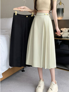 Elegant Beige กระโปรงจีบสีดําผู้หญิงฤดูใบไม้ผลิฤดูร้อนเอวสูง Vintage Office สวมชุดกระโปรงยาวผ้าพันคอโบว์ Falda Plisada