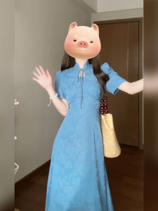 Xzy/Xin Zhengyan Plus Size Ladies Retro Elegant New Chinese Style Shoelace Dress Womens Summer Commute Stand Collar Long Skirt