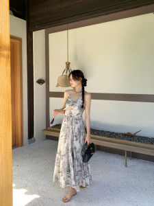 Benxe ชุดเดรสยาวแขนกุดเอวสูง ทรงเอ แขนยาว คอวี ผ้าไหม ชุดสองชิ้น ชุดเดรสผู้หญิงสไตล์จีนใหม่