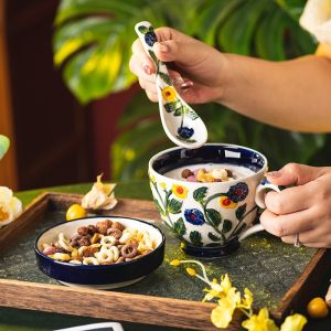 OMK American hand-painted relief craft Breakfast Cup 540ML Ceramic Coffee Cup & Saucer Set Mug with lid Jam Saucer Begonia flower series