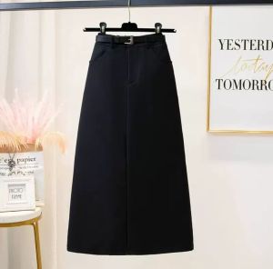 Black college style suit skirt womens high waist long skirt slim A-line design slit skirt