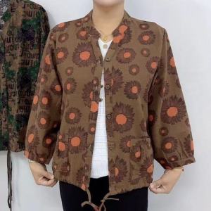 Loose Long Sleeve Casual Outerwear for Middle-Aged And Elderly Women Autumn Fashion Mom Clothes Vintage Style round Neck Open Cardigan