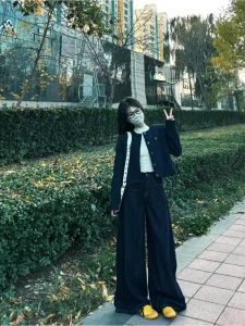 Extended Length High Waist Loose Fit Straight Leg Deep Blue Jeans Womens Casual High Waist Wide Leg Pants Floor-Length