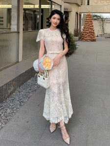 Elegant French Style Lace Short Sleeve Long Dress Fish Tail Silhouette High Waist Design Autumn Fashion Trend Beige Color Womens Dress