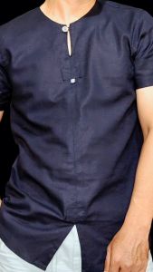 Kemeja Antik Katun Linen Hitam Pria Tanpa Kerah 100% Cotton Outfit Vintage BB 65-80kg Baju Pantai Atasan Harian Kasual Slim Lengan Pendek Leher Kru Musim Panas - QAMMBA Nyaman Santai Keren Lembut Casual Dewasa