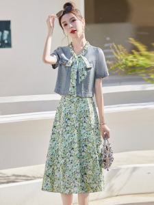 เสื้อแจ็คเก็ตยีนส์ฤดูร้อนสำหรับผู้หญิง ชุดเดรสแขนกุดลายดอกไม้ ชุดกระโปรงสองชิ้น กระโปรงทรงเอยาวปานกลาง เสื้อผ้าทำงานสไตล์เกาหลี