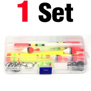 3 Size15 Pieces Vertical Fishing Float Buoy Rubbers Fishing Lures Kit + 30pcs Hooks Combo Box-Packed