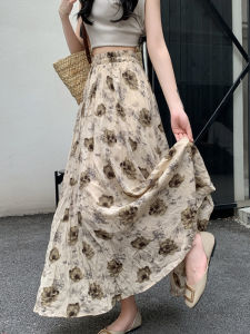Summer Floral Print Half-length Pleated Skirt Womens Elastic Waist Draped A-line Long Ankle-length Covering Hip Maxi Skirt