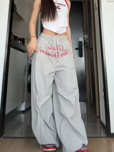 [Quick-drying fabric letter print trousers]กางเกงขากว้างเอวสูงแบบผูกเชือกพิมพ์ลายตัวอักษรผ้าแห้งเร็วลำลองสำหรับฤดูร้อน