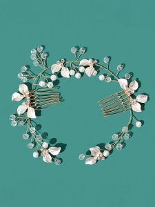Luxury-Lite Gold Pearl Leaf Crystal Hair Comb for Bridal Wedding Updo Hair Accessory for a Vintage-Style Wedding Dress Bridesmaid