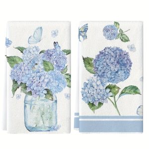 2-Piece Blue Hydrangea Print Towels - Ultra-Soft Highly Absorbent Lightweight Kitchen and Bathroom Towels Suitable for Cooking Baking and Draining - Modern Home Decor Housewarming and Birthday Gifts with an Extremely Soft Texture
