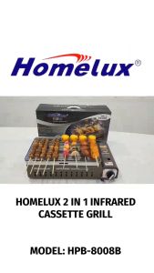Homelux Portable Gas Stove 2 in 1 Infrared Cassette Grill Plate & Pan BBQ Stove Skewer Camping High Quality HPB-8008B Dapur Gas