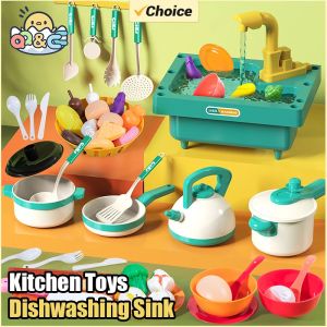 Childrens Dishwashing Table Kitchen Pretend Play Faucet Cycle Out Recycling Water Electric Sink Kit Plastic Toys for Girl Gifts