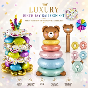 Giant Rainbow Cake & Bear Stacking Balloon Set Rekaan Belon Kek Pelangi & Bear Susun Set