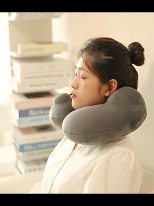 Air Filled U Shape Foldable Flocked Auto Press Pump Inflatable Travel Neck Pillow