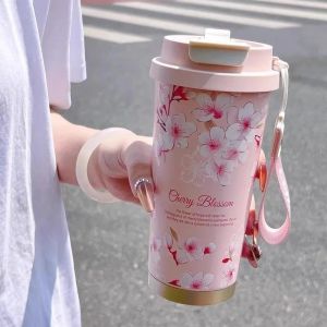 500ml Insulated Coffee Cup Flower Pattern Stainless Steel Double Wall Vacuum Travel Mug Woman Car Portable Thermal Water Bottle