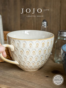 Large Size Ceramic Cup Breakfast Cup Engraved Bird Pattern Glazed Surface Traditional Chinese Style Handmade Craft Home Use