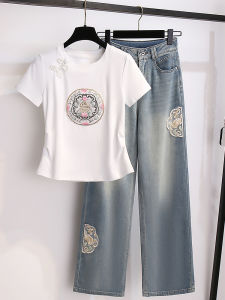 Áo Thun Nữ Tay Ngắn Xếp Ly Thêu Màu Trắng Phong Cách Trung Hoa Mới Mùa Hè 2025 Áo Thun Nữ Dáng Ôm Cổ Tròn Tay Ngắn