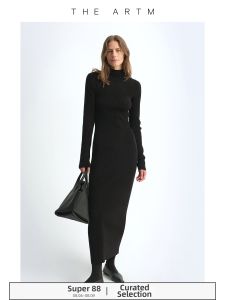 Australian Merino Wool Long Black Turtleneck Dress