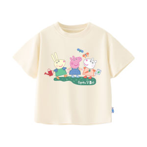 เสื้อยืดแขนสั้นผ้าฝ้ายแท้ Peppa Pig สำหรับเด็กชายและเด็กหญิง ฤดูร้อน 2026 คอกลม ปกติ ระบายอากาศได้ดี ใส่สบาย