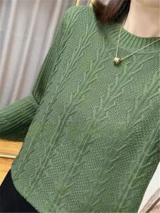 Retro Loose Long Sleeve round Neck Pure Color Knitted Sweater Womens Spring Autumn Inner Wear Floral Embroidery Cotton Top
