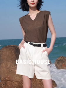 Basic House | Thin V-neck Sleeveless Transparent Elegant Brown T-shirt Women