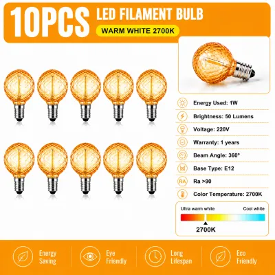 15Pcs G40 LED Edison Bulbs E12 220V Waterproof Dimmable 2700K Amber Warm White Replacement Globe Bulb For String Lights Outdoor Party Garden Decor