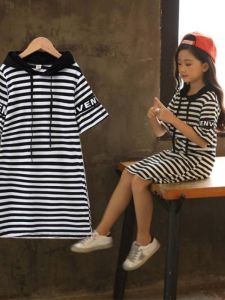 เสื้อเชิ้ตแขนยาวลายทางสำหรับเด็กผู้หญิง ชุดเดรสยาวปานกลาง ทรงหลวม ใส่สบาย สำหรับเด็กผู้หญิงวัยโต ชุดฤดูร้อน