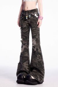 Quần Jeans Denim Ống Loe Cạp Cao Phong Cách Mỹ Millennial Camouflage Rách Rãi Cho Nữ Mùa Thu Quần Dài Đến Sàn
