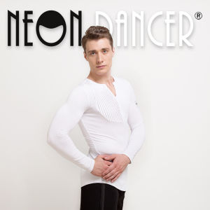 Neon Dancer Mens Professional Latin Dance Practice Top Performance Costume Gored Chest Design Long Sleeve Lycra Fitness Shirt
