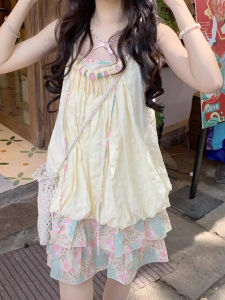 ชุดเดรสยาวแขนกุดลายดอกไม้สไตล์ฝรั่งเศสสำหรับผู้หญิงในช่วงฤดูร้อน ดีไซน์ใหม่ ความยาวสั้น ทรงเอ เอวสูง ผ้าฝ้ายผสม